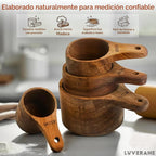Juego de 8 tazas y cucharas medidoras de madera, madera de acacia maciza con medidas grabadas, utensilios de cocina apilables para cocinar con precisión, hornear y preparar alimentos, ideal para