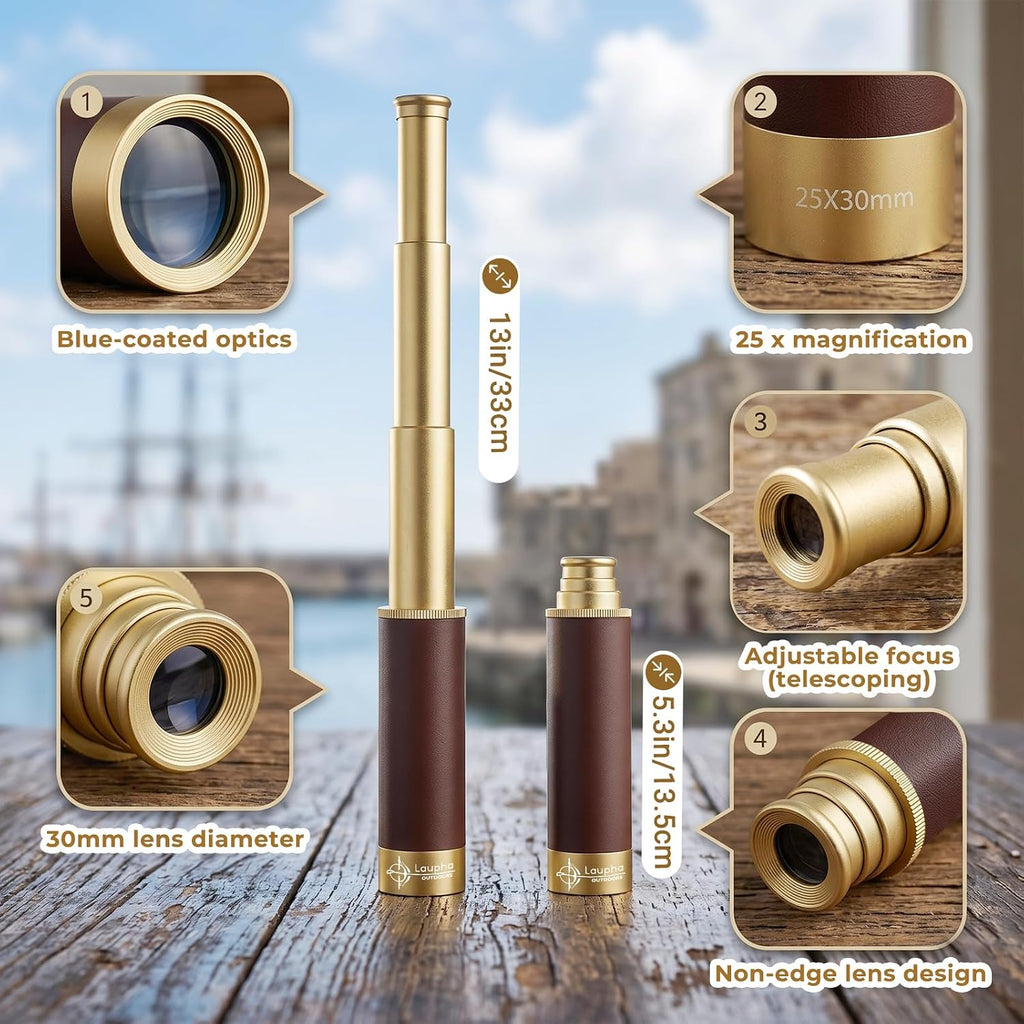 Telescopio Pirata Retro Zoomable 25x30 Monocular de Bolsillo Portátil Plegable Lente BAK-4 Spyglass del Capitán Jack Telescopio de Mano Vintage para Niños