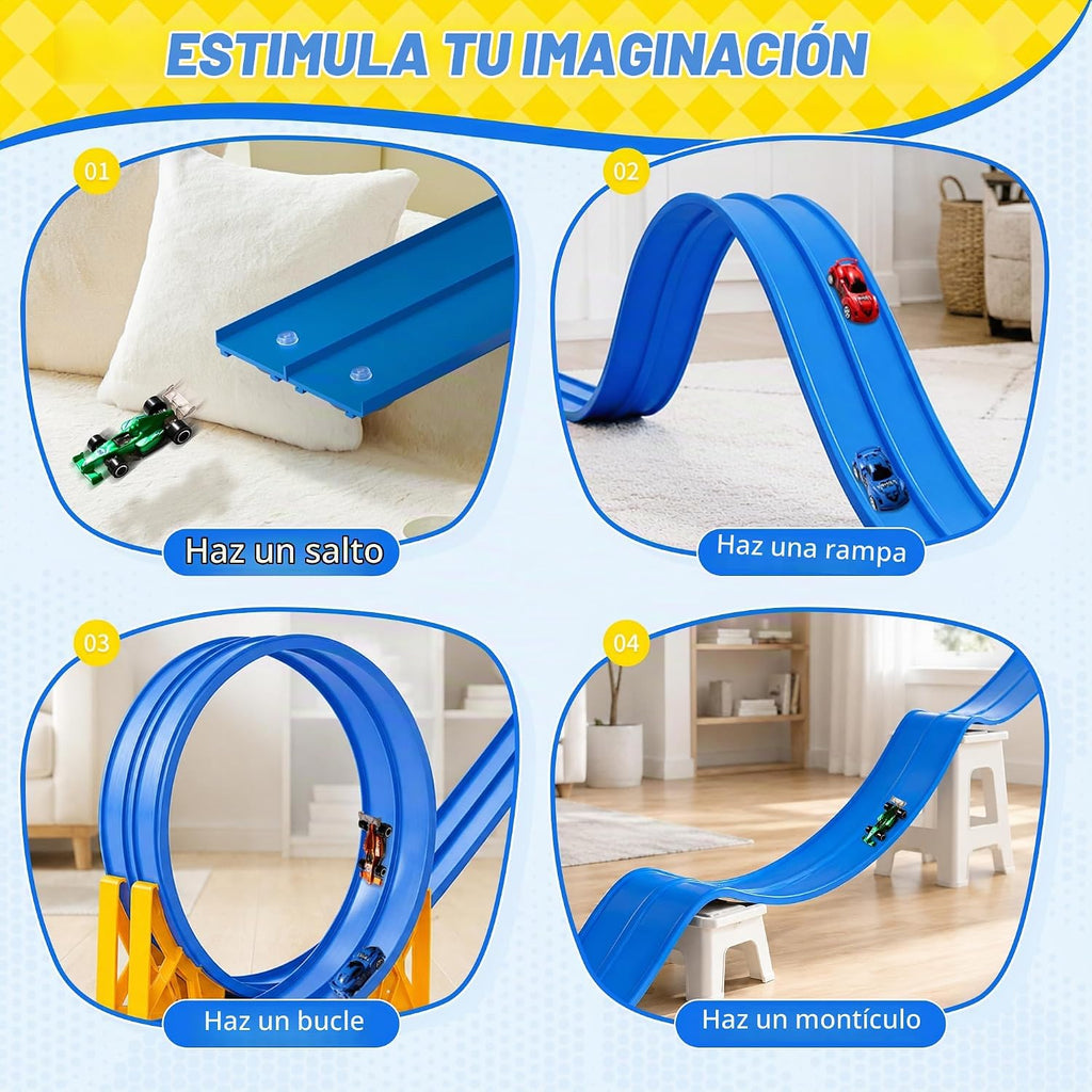 MINDNOOK Juego de pista de carreras flexible de 16 pies para niños, pista de carreras portátil enrollable con 4 autos y ventosas, compatible con autos de juguete fundidos a presión 1:64, regalo para niños y niñas de 4 a 12 años