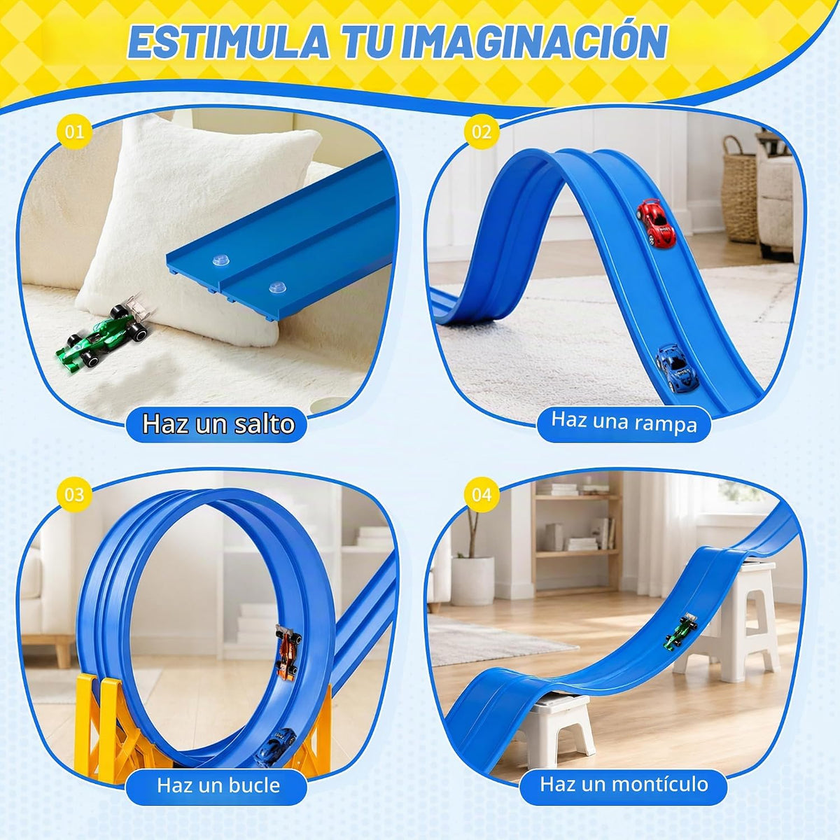 MINDNOOK Juego de pista de carreras flexible de 16 pies para niños, pista de carreras portátil enrollable con 4 autos y ventosas, compatible con autos de juguete fundidos a presión 1:64, regalo para niños y niñas de 4 a 12 años