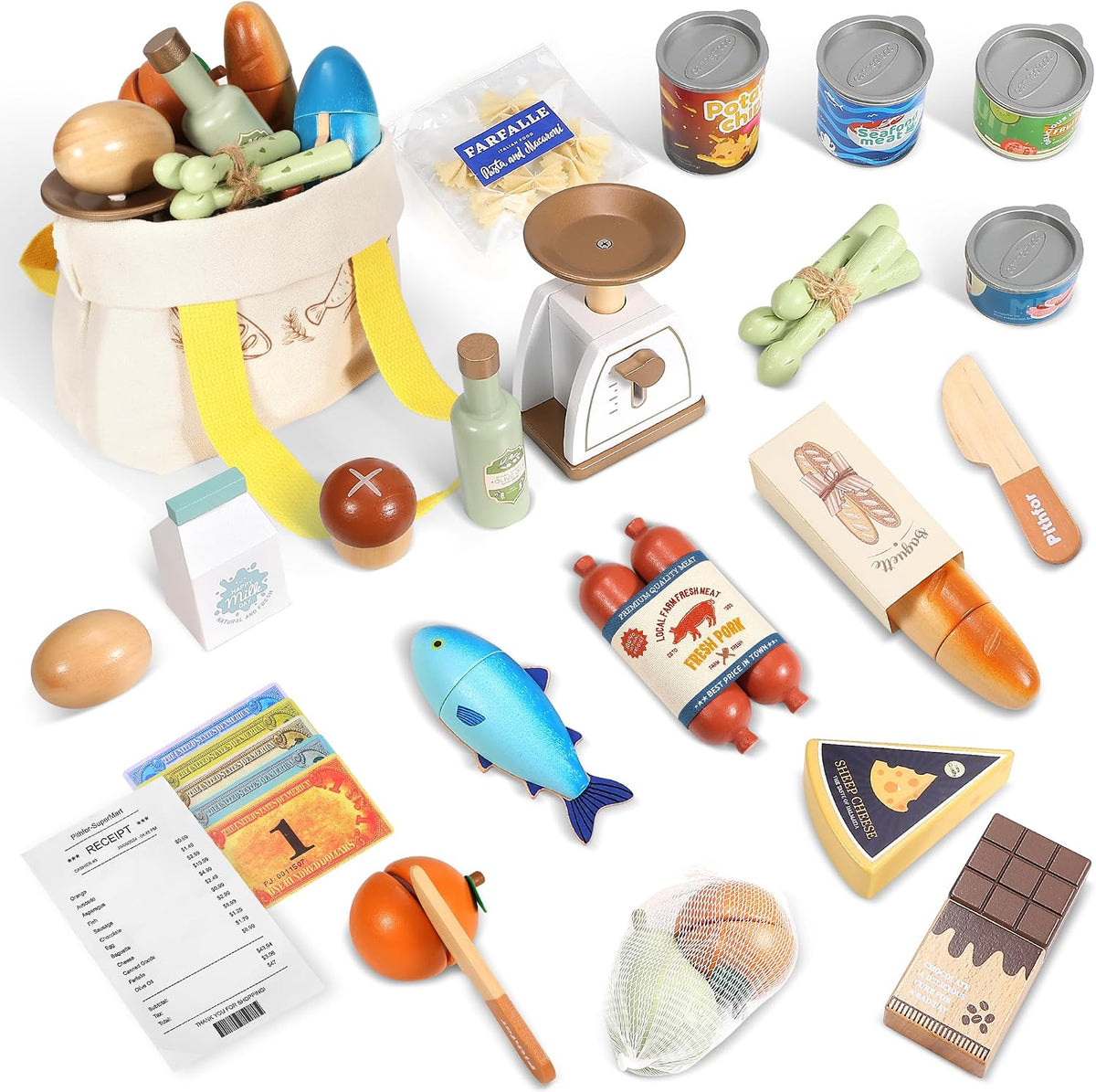 Juego de comida de madera para niños pequeños, tienda de comestibles, comida de juego de simulación, compras y juegos, accesorios de cocina para niños y niñas