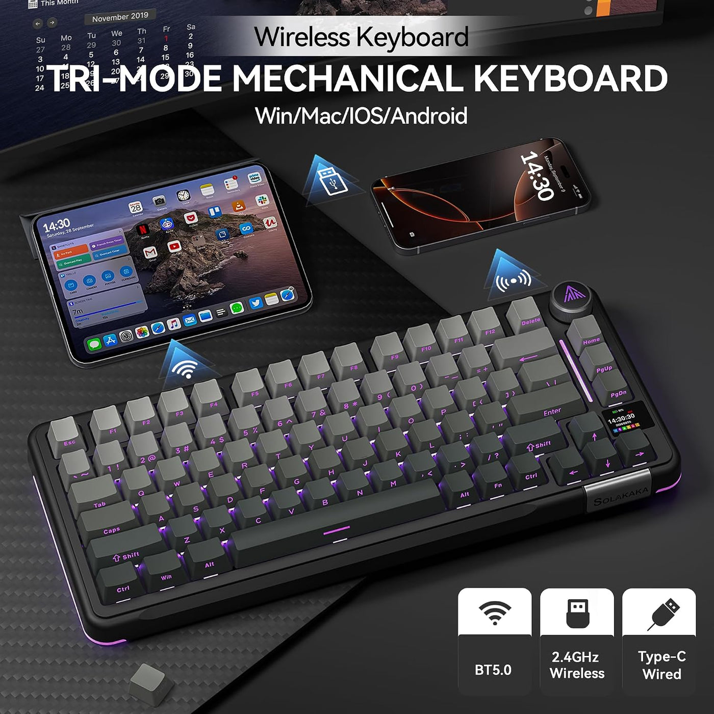 SOLAKAKA Teclado mecánico A75pro-ALL 75% con pantalla (gris degrada...