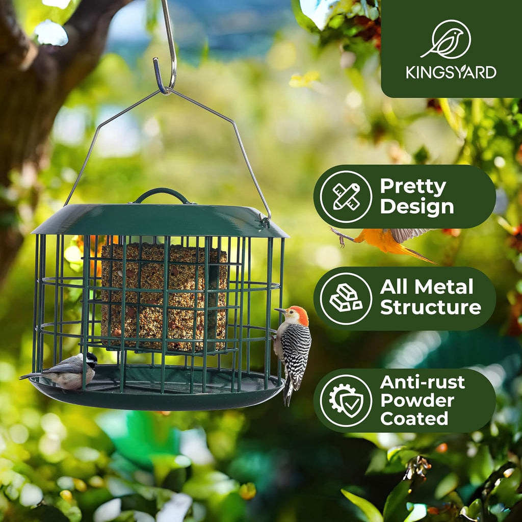 Kingsyard Comedero de sebo a prueba de ardillas, comedero para pájaros en jaula para colgar al aire libre, todo de metal, capacidad de doble sebo para pastel, bandeja y resistente a la intemperie, verde