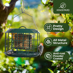 Kingsyard Comedero de sebo a prueba de ardillas, comedero para pájaros en jaula para colgar al aire libre, todo de metal, capacidad de doble sebo para pastel, bandeja y resistente a la intemperie, verde