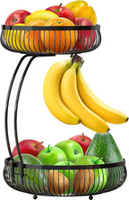Simple Houseware Cesta de frutas de 2 niveles para encimera con colgador de plátano, color negro