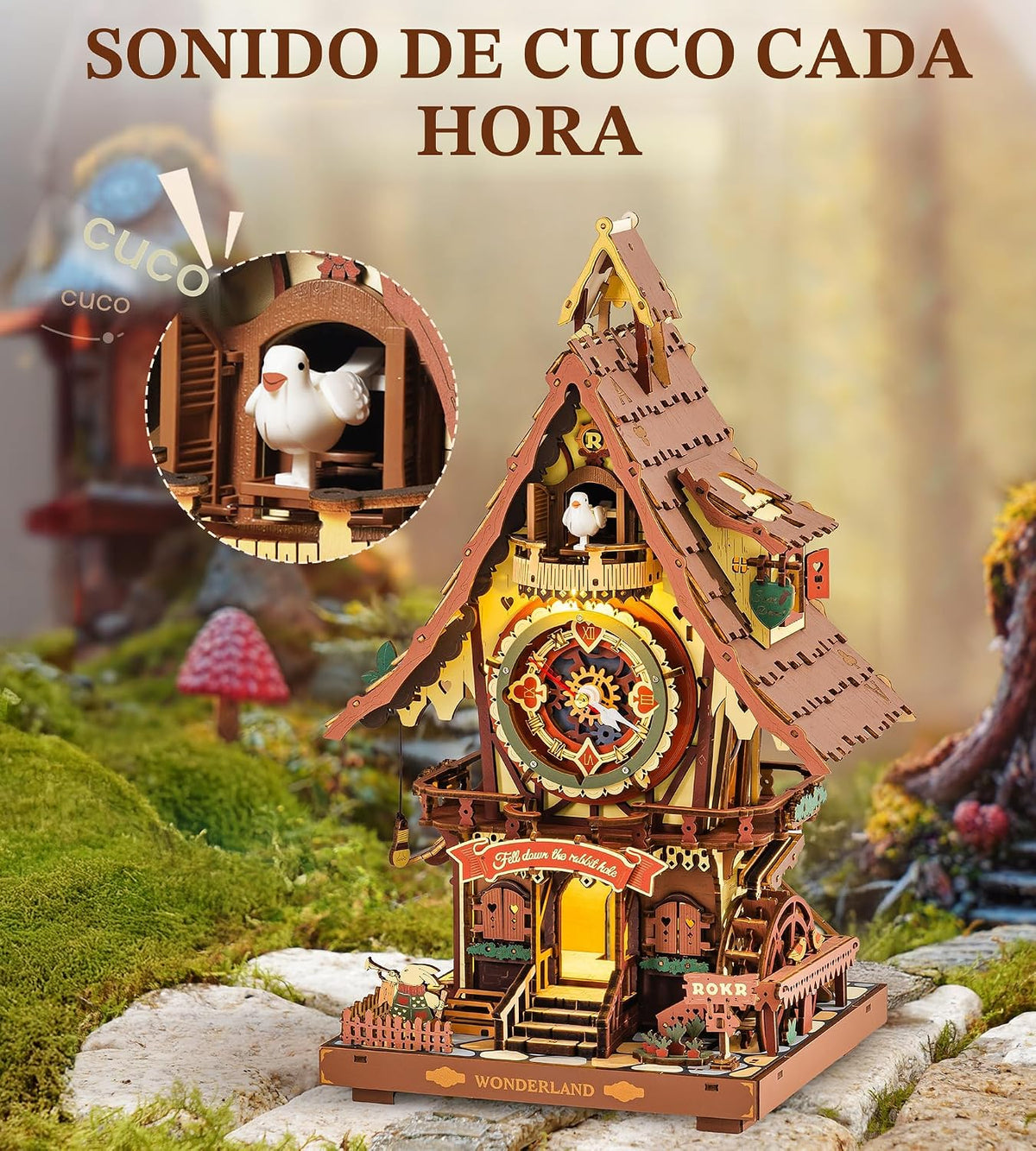 ROKR Reloj de cuco rompecabezas de madera 3D con luz LED y timbre por hora