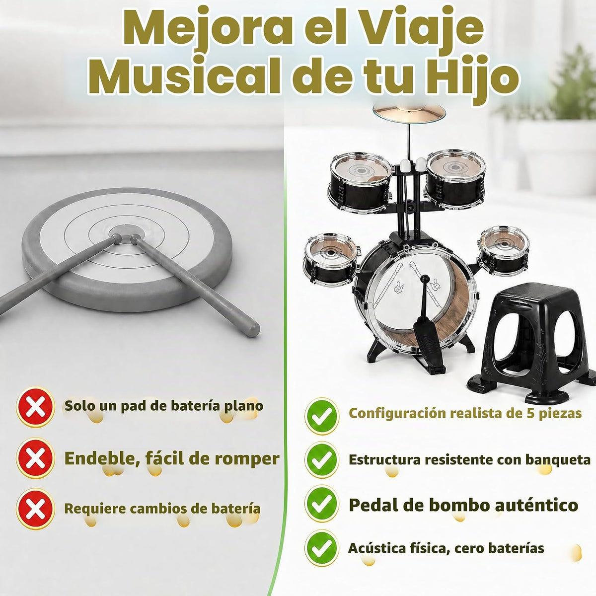 Juego de batería para niños de 3 a 6 años, 5 piezas de tambores de