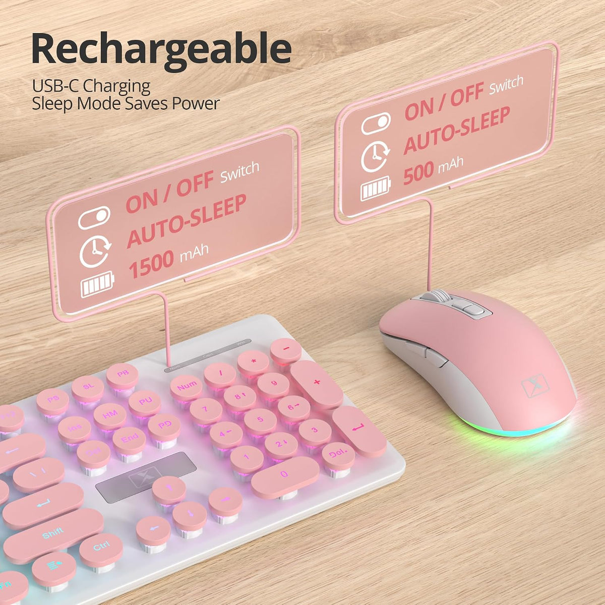 Vumilstek Teclado y mouse rosa retroiluminado, máquina de escribir...