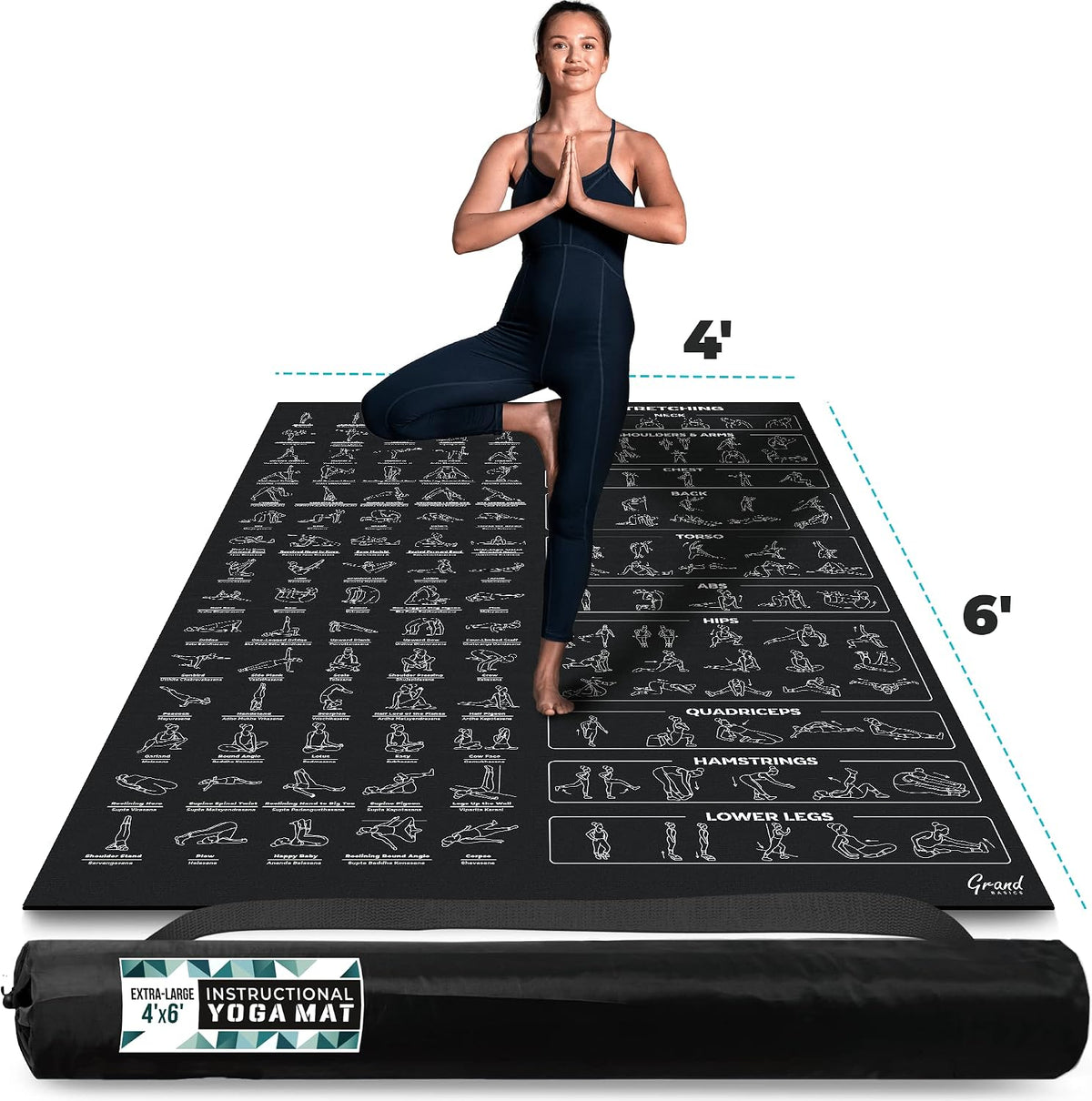 Esterilla de yoga instructiva extra grande con posturas impresas - 3 veces más grande y 2 veces más ancha que las esterillas de entrenamiento regulares - 150 posturas y estiramientos de yoga