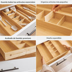 Organizador de cajones de cocina ajustable para utensilios y basura, expandible a 28 pulgadas de ancho, 9 compartimentos, 100% bambú