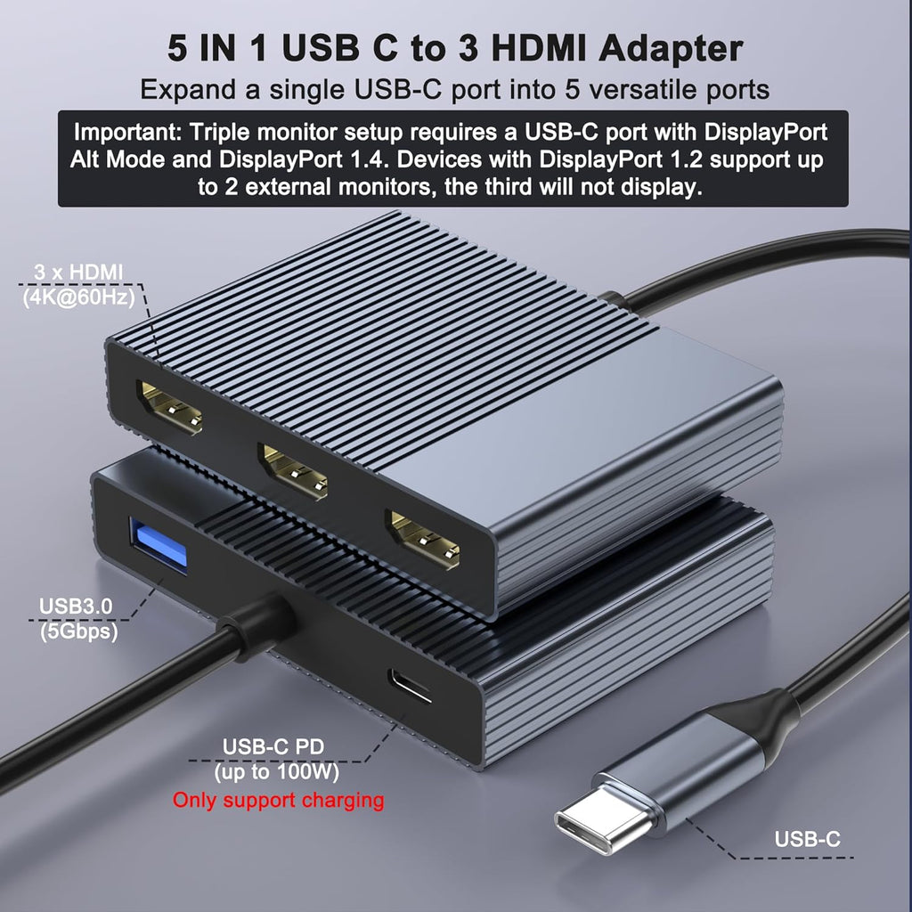 Adaptador USB C a 3 HDMI con PD 100W/USB3.0, 4K a 60Hz 3 vías HDMI Splitter Pantalla extendida para 3 monitores, estación de acoplamiento de monitor triple para laptop Dell/HP/Mac, concentrador SST