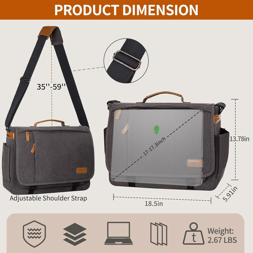 ESTARER Bolso Bandolera para Hombres 17-17.3 Pulgadas, Bolso para Laptop Resistente al Agua, de Lona, Bolso para Computadora al Hombro, Maletín para Trabajo, Universidad, Viaje, Gris