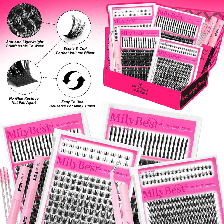 MilyBest Kit de racimos de pestañas con espigas\/pestañas inferiore...