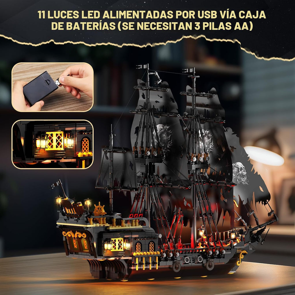 JMBricklayer negro Pirate Ship Model Building Set con Lights para Adults