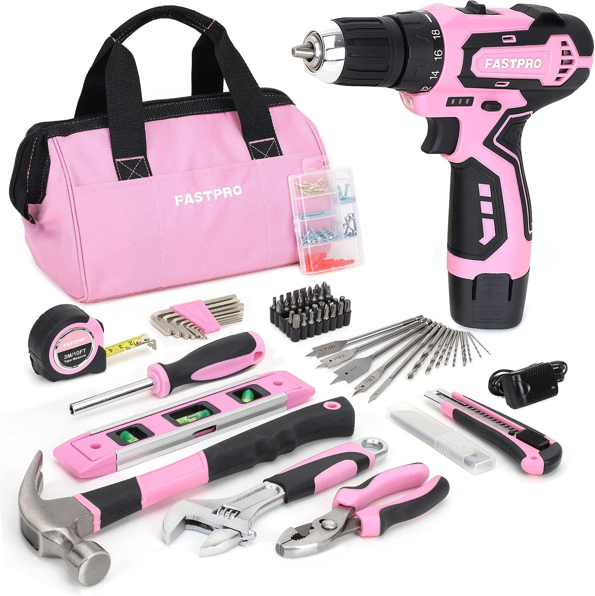 FASTPRO Juego de taladro rosa de 12 V para mujer, juego de herramientas