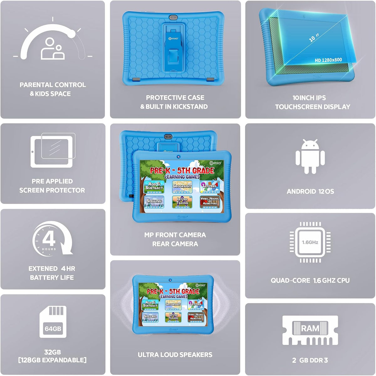 Contixo Paquete de tableta Android Kids de 10 pulgadas, 32 GB, Epic! y aplicaciones educativas LingoKids, controles parentales, funda a prueba de niños con soporte y lápiz capacitivo, auriculares y bolsa de funda, color azul