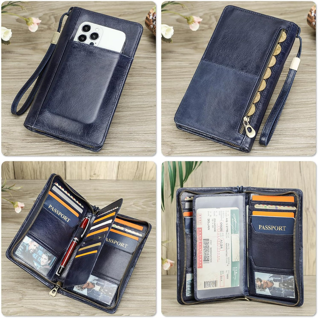 Cartera de viaje de cuero de grano superior para hombre y mujer, hecha a mano con tres capas para 4 pasaportes y múltiples tarjetas, bloqueo RFID de gran capacidad para tarjetas, pasaportes, boletos, azul