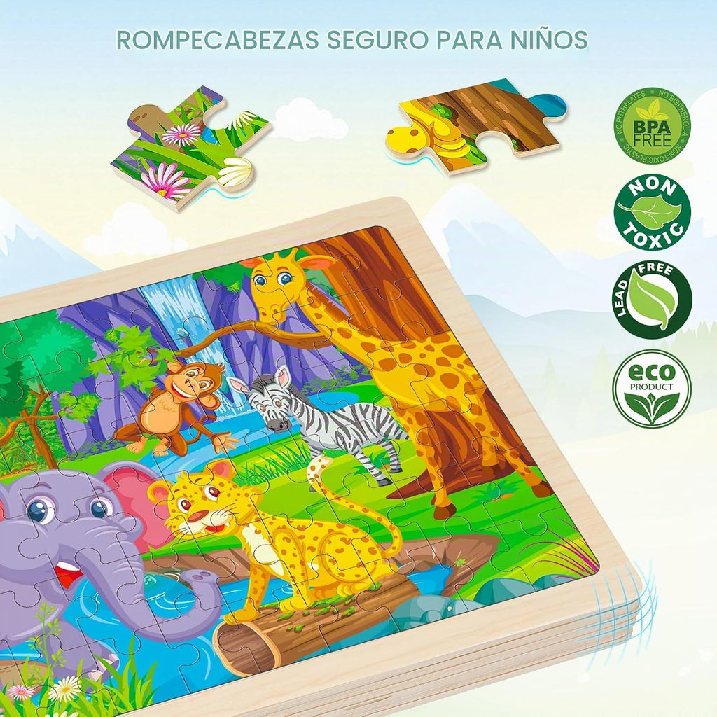 6 paquetes de rompecabezas de madera para niños de 4 a 6 años, 60 piezas de rompecabezas de dinosaurios y animales de madera para niños pequeños de 3 a 5 años, juguetes educativos preescolares de