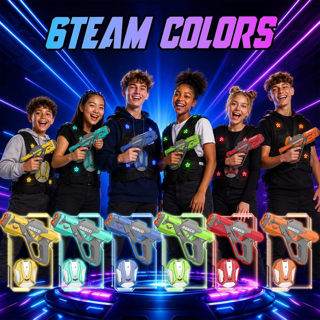 Juego de 6 pistolas láser recargables con chalecos, juego de 6 pistolas láser mejoradas con efecto de niebla y LED digital, juguete multijugador para adolescentes, niños y niñas, regalo de juego de