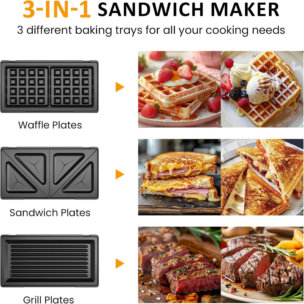 Sandwichera eléctrica 3 en 1 con placas antiadherentes extraíbles, 750 W, color negro para gofres belgas/panini/parrilla/desayuno, apto para lavavajillas, mango de tacto frío, fácil de limpiar y