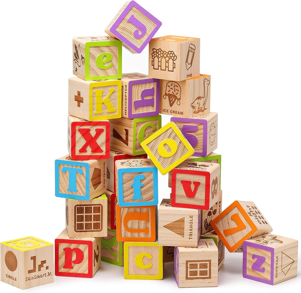 SainSmart Jr. Bloques de madera del alfabeto de 1.73 pulgadas, 30 bloques de construcción que incluyen letras, números y animales, bloques de madera Montessori para niños en edad preescolar