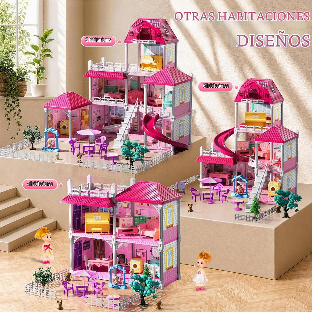 Villa de 4 Historias con 11 Habitaciones para Niñas de 3 a 8 Años - 11 Habitaciones, 2 Muñecas