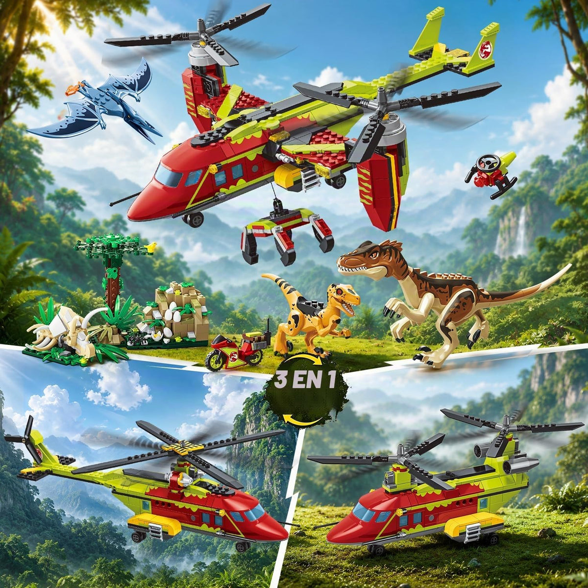 HOGOKIDS Juego de juguetes de construcción de aviones 3 en 1 con dinosaurio