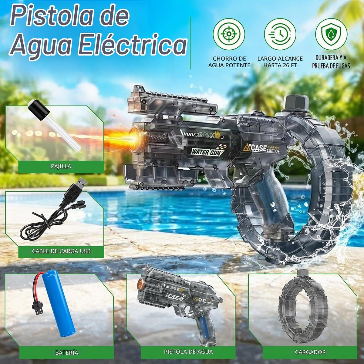 Pistola de agua eléctrica para niños y adultos – Lanzador de agua automático con batería recargable, luces LED, potente pistola de chorro de largo alcance de 26 pies, juguete de agua de playa para
