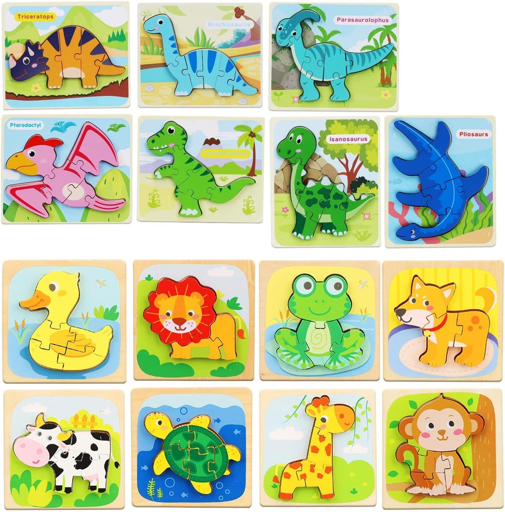 TOY Life Paquete de 15 rompecabezas de madera para niños pequeños, incluye 7 rompecabezas de dinosaurios, 8 rompecabezas de animales