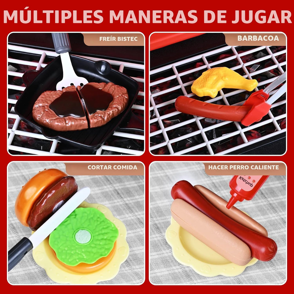 Juguetes de cocina para niños, juego de parrilla de barbacoa para niños con humo, sonido y luz, juguete de barbacoa de 2 niveles con rueda, juguetes de parrilla de juego al aire libre para niños
