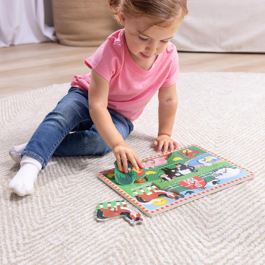 Melissa & Doug Juego de rompecabezas de clavijas de madera, paquete de 4 temas de vehículos, granja, safari y animales de mascotas, rompecabezas educativos para niños pequeños y preescolares a partir de 2 años
