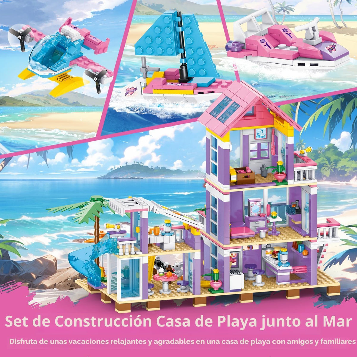 Juego de construcción de casa de playa de 955 piezas, juguetes de construcción de villas junto al mar, juego de bloques de choza de vacaciones, juguetes de construcción STEM con helicóptero, yate, velero, regalo de cumpleaños de Navidad para niñas de 6 a