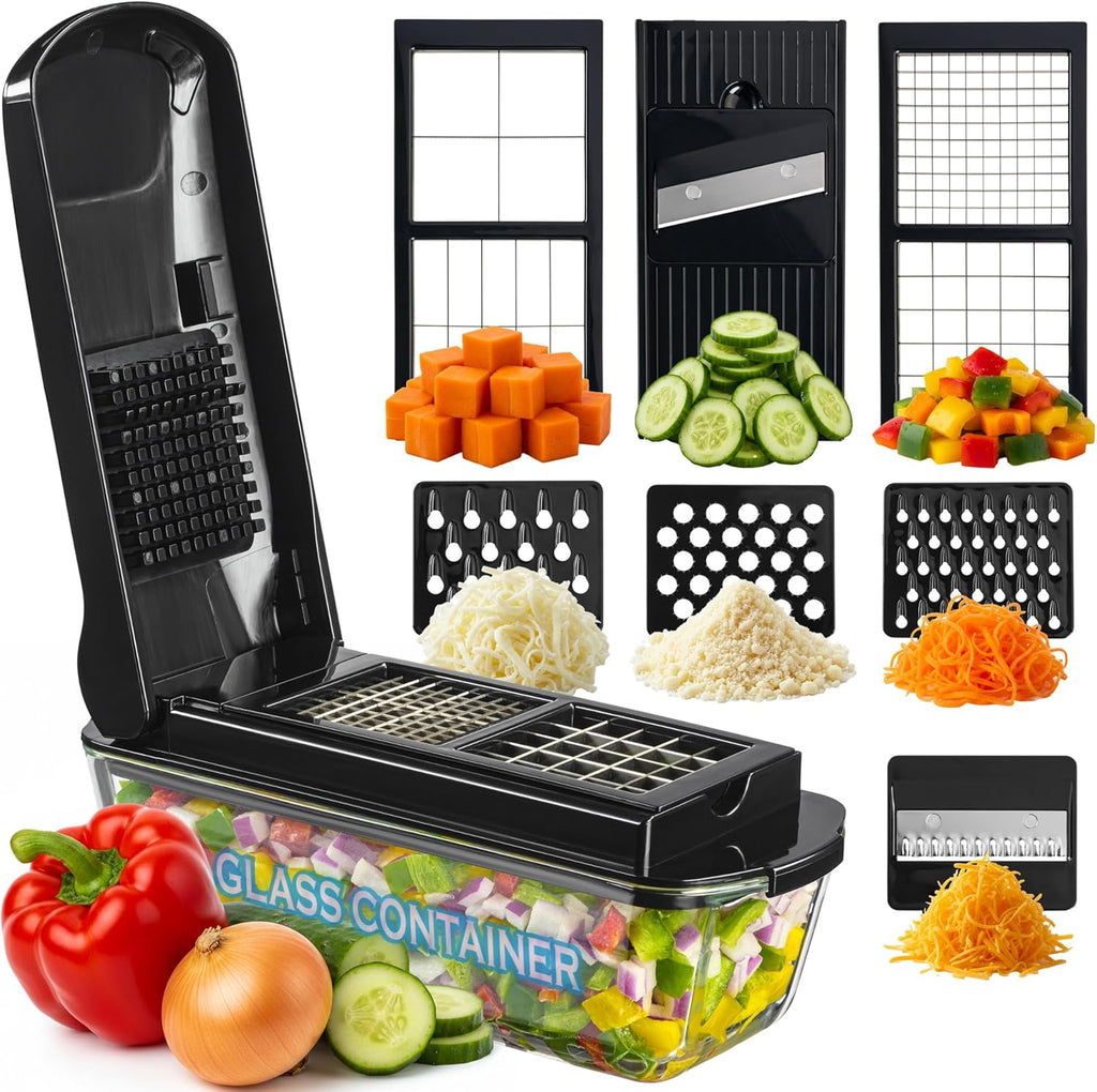 Le'raze Picadora de verduras 13 en 1 Pro con recipiente de vidrio, cuchillas de acero inoxidable, sin BPA, cortador de mandolina, manual
