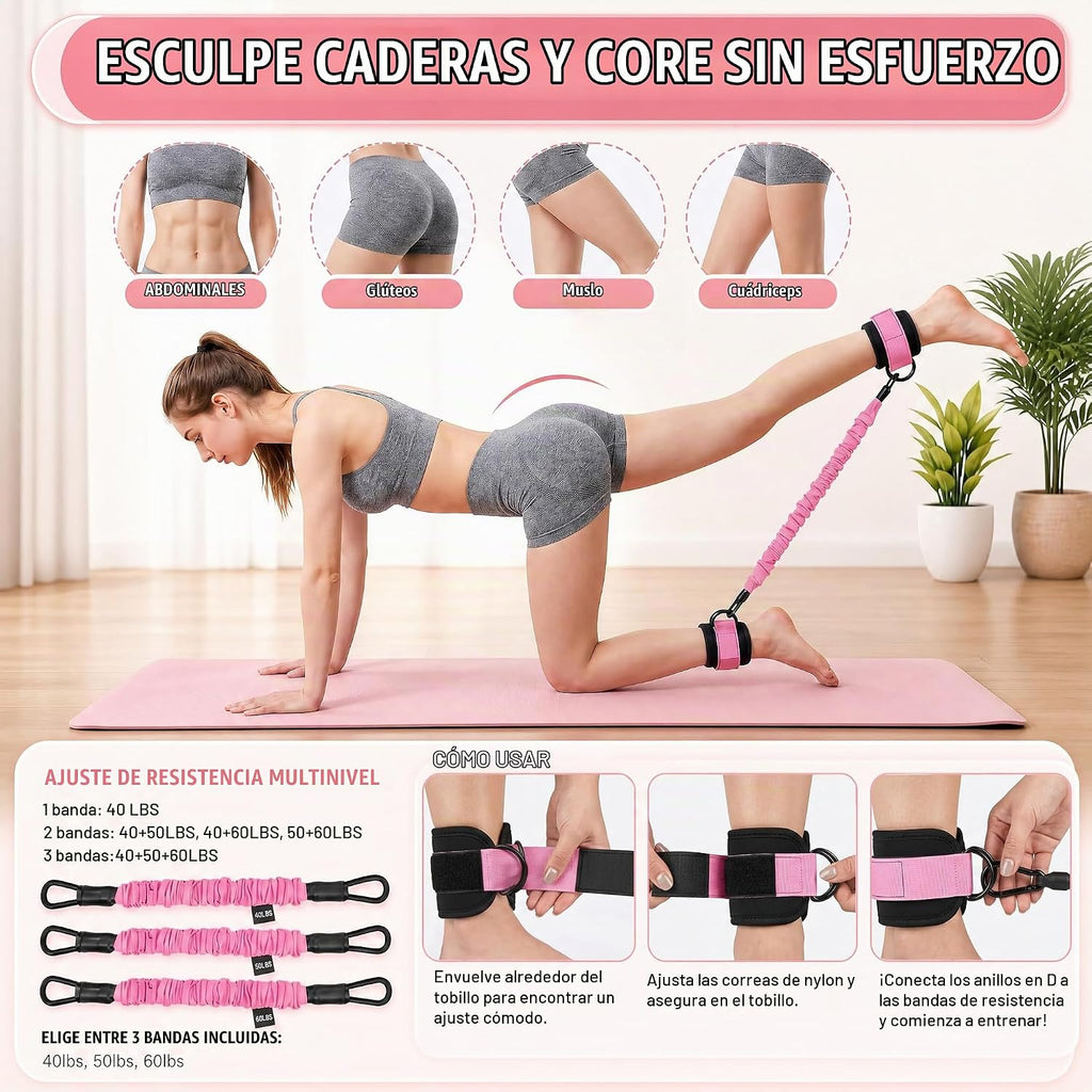 WHATAFIT Banda de Resistencia con Pedal con Mangos y Correas para Tobillo 3 Niveles Gimnasio en Casa