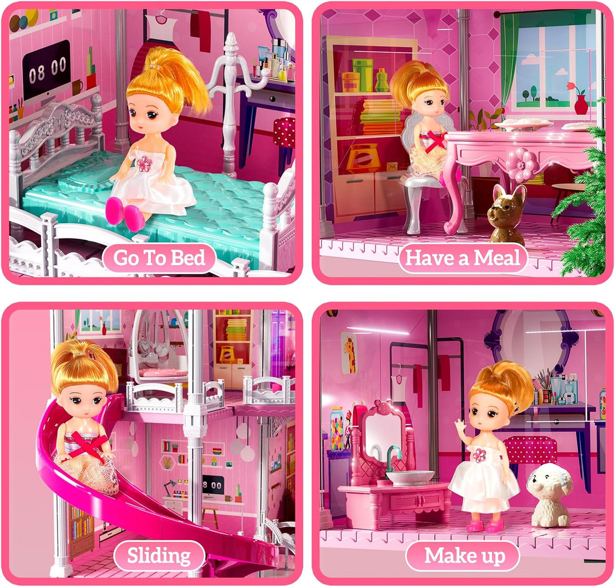 Villa de 4 Historias con 11 Habitaciones para Niñas de 3 a 8 Años - 11 Habitaciones, 2 Muñecas