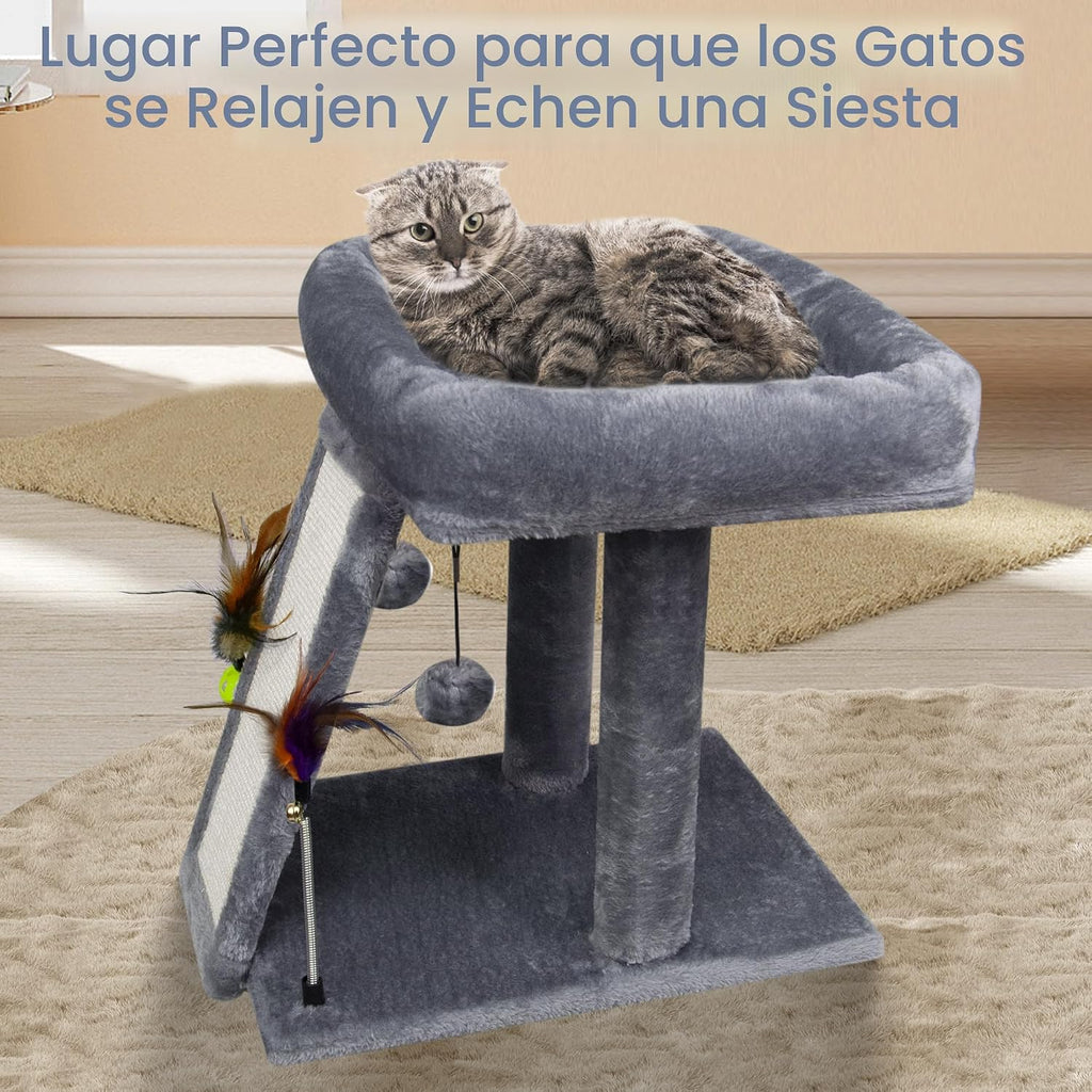 TWDEPART Árbol de gato con torre y poste para arañar para gatos de interior, centro de actividades, árbol para escalar con tablero para rascar y pelotas de juguete, gris