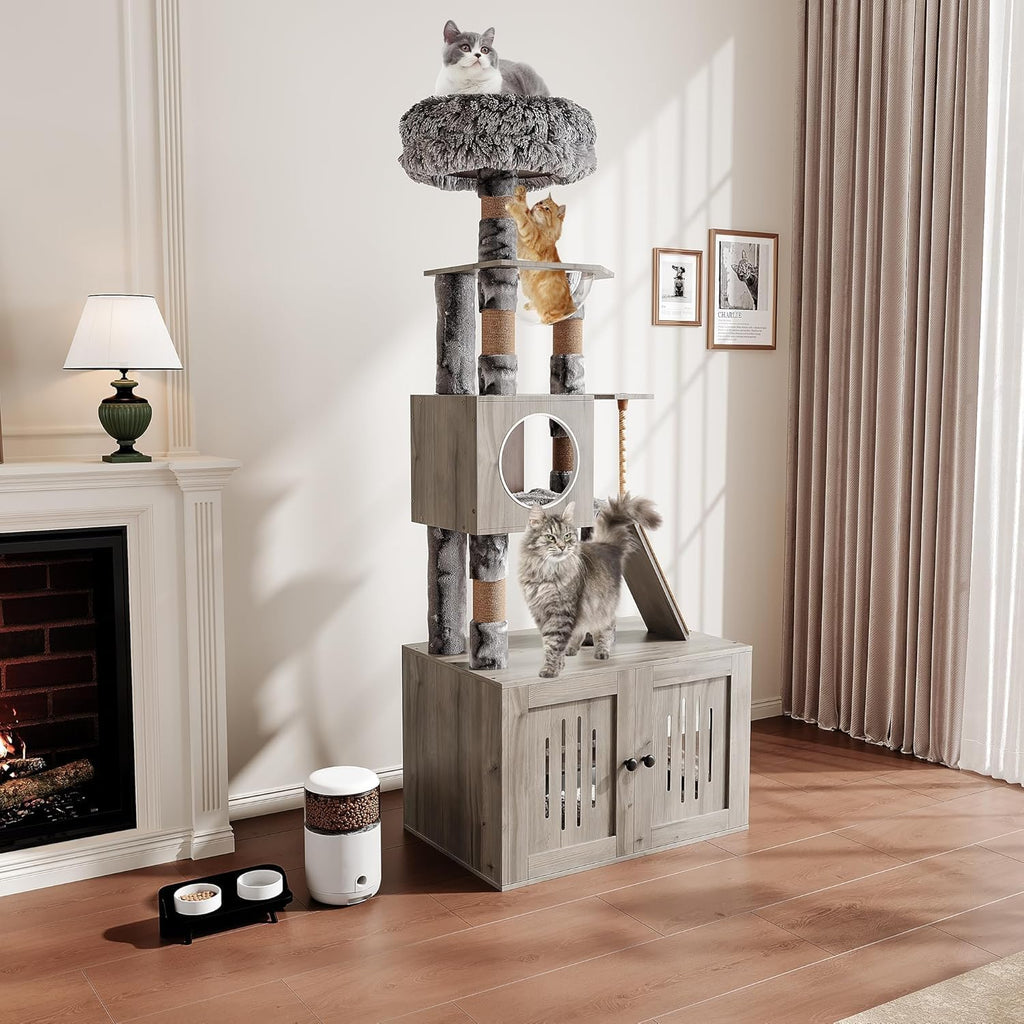 Garvee Caja de arena para gatos con torre de árbol para gatos y condominio, muebles ocultos para baño para gatos con poste rascador de sisal y percha de felpa suave, muebles de madera para gatos con múltiples plataformas