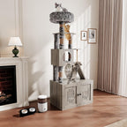 Garvee Caja de arena para gatos con torre de árbol para gatos y condominio, muebles ocultos para baño para gatos con poste rascador de sisal y percha de felpa suave, muebles de madera para gatos con múltiples plataformas