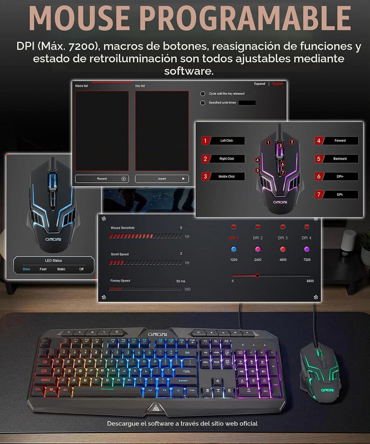 Combo de teclado y mouse para juegos de PC con cable con retroilumi...