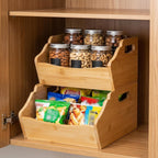 Paquete de 2 cubos de almacenamiento apilables de bambú, contenedores apilables de frente abierto para encimera, cesta organizadora de 2 niveles con asa, contenedor de alimentos y frutas para gabinete, cocina, estudio, oficina