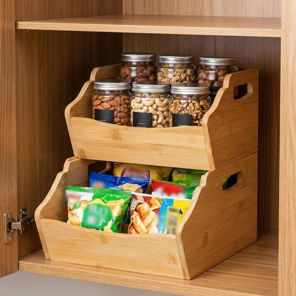 Paquete de 2 cubos de almacenamiento apilables de bambú, contenedores apilables de frente abierto para encimera, cesta organizadora de 2 niveles con asa, contenedor de alimentos y frutas para gabinete, cocina, estudio, oficina