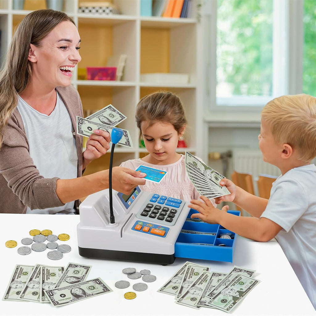 Bstoyder Calculadora de caja registradora de juguete de regalo para niños de 3, 4, 5, 6, 7, 8 años en adelante, 103 piezas de comestibles con micrófono, tarjeta de crédito, caja registradora para niños pequeños de 4 a 8 años