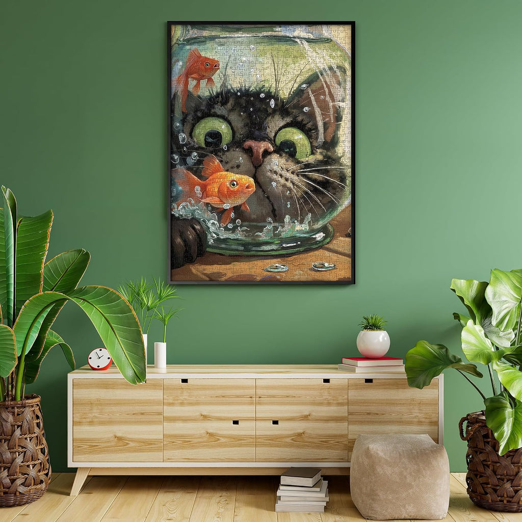 Rompecabezas de 1000 piezas de peces de gato curioso para adultos, desafiante y divertido arte de peces aterrorizados, acabado mate premium, 27.56 x 19.68 pulgadas, perfecto para noches de juego