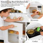 Cocina de juego de madera para niños pequeños de 3 a 5 años con sistema de almacenamiento y 18 piezas, juego de regalo de cocina compacto todo en uno, nevera, máquina de hielo, cafetera
