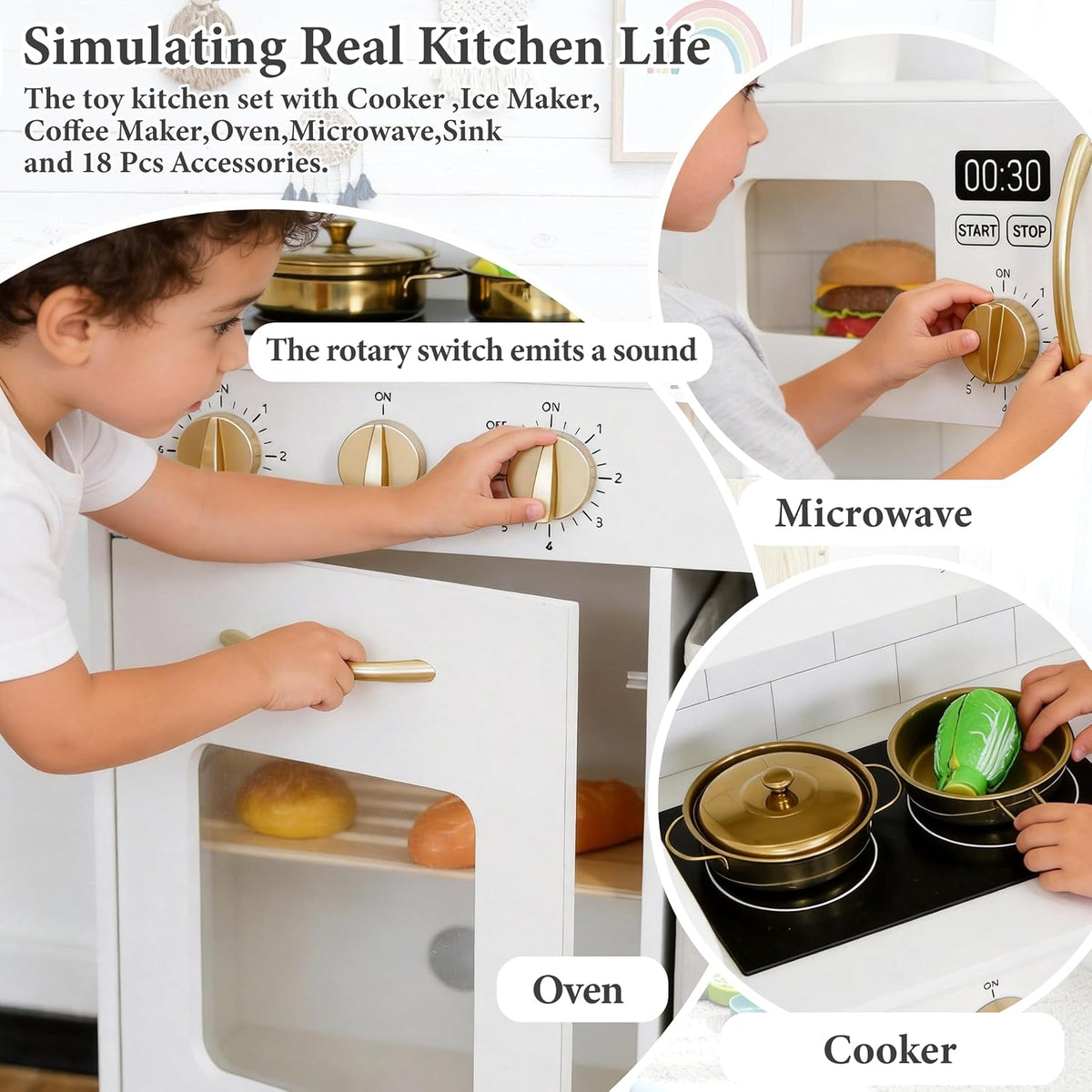 Cocina de juego de madera para niños pequeños de 3 a 5 años con sistema de almacenamiento y 18 piezas, juego de regalo de cocina compacto todo en uno, nevera, máquina de hielo, cafetera