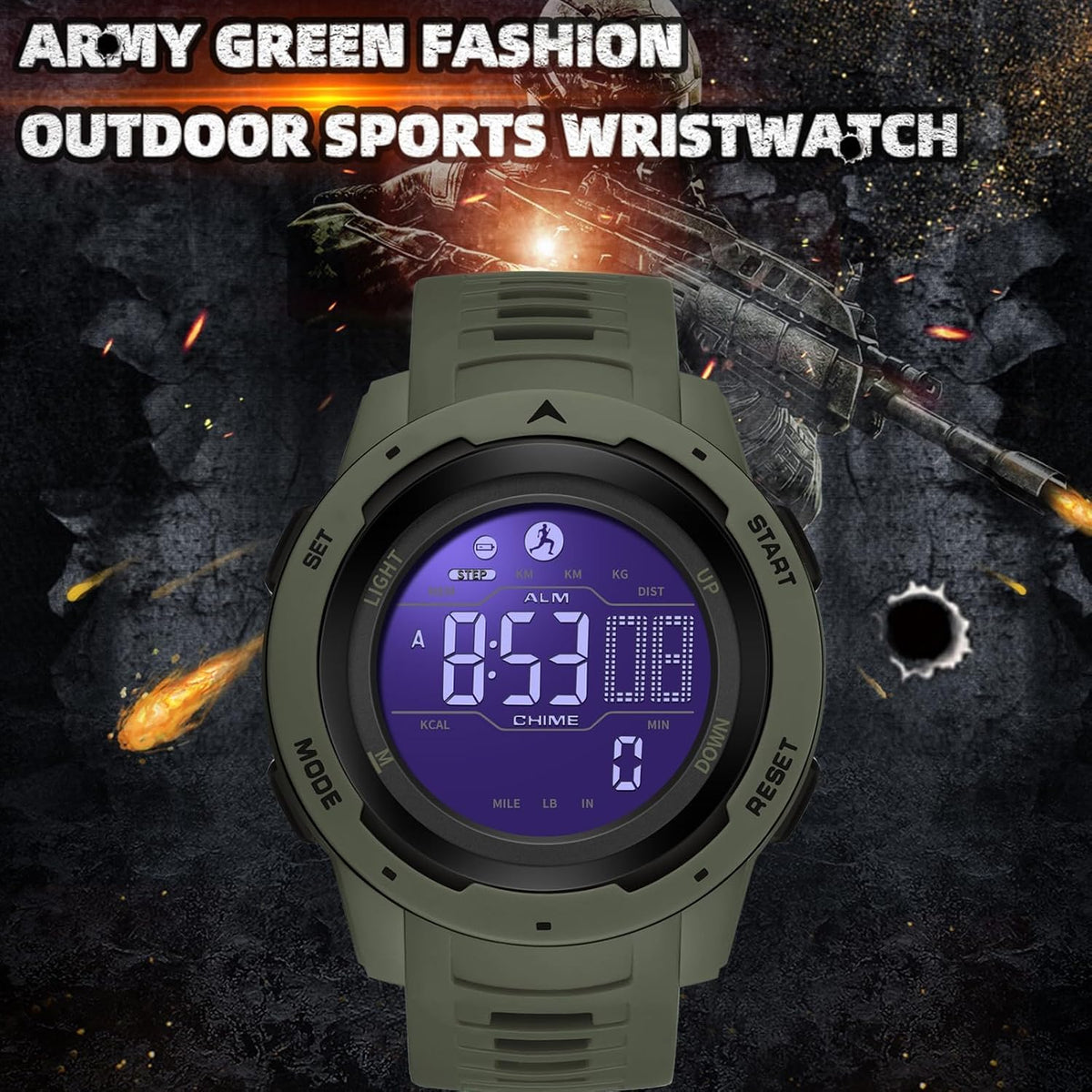 findtime Reloj digital para hombre, impermeable, podómetro, reloj deportivo, contador de pasos, calorías, reloj militar con cronómetro, alarma, retroiluminación LED, cuenta regresiva