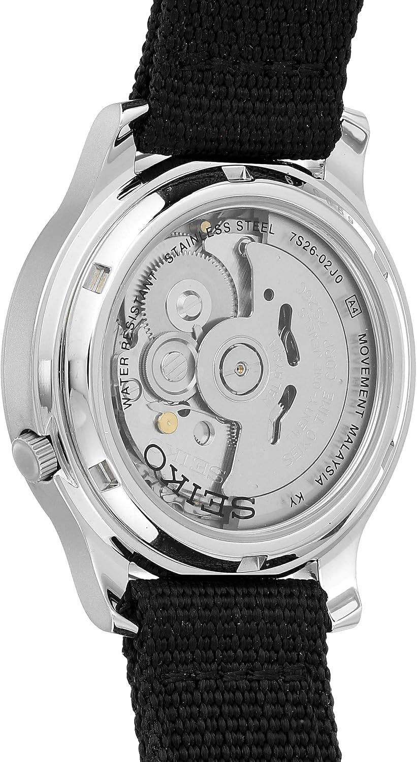 Seiko SNK809 reloj de acero inoxidable plateado automático con correa de lona negra para hombre