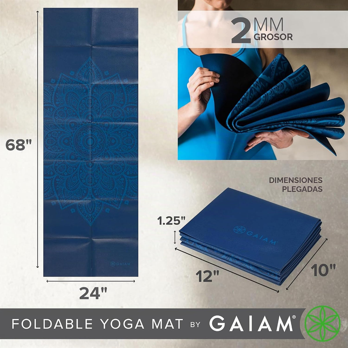 Gaiam Esterilla de yoga – Esterilla plegable de viaje para fitness y ejercicio – Esterilla de yoga plegable para todo tipo de yoga, pilates y entrenamientos de suelo (68 pulgadas de largo x 24