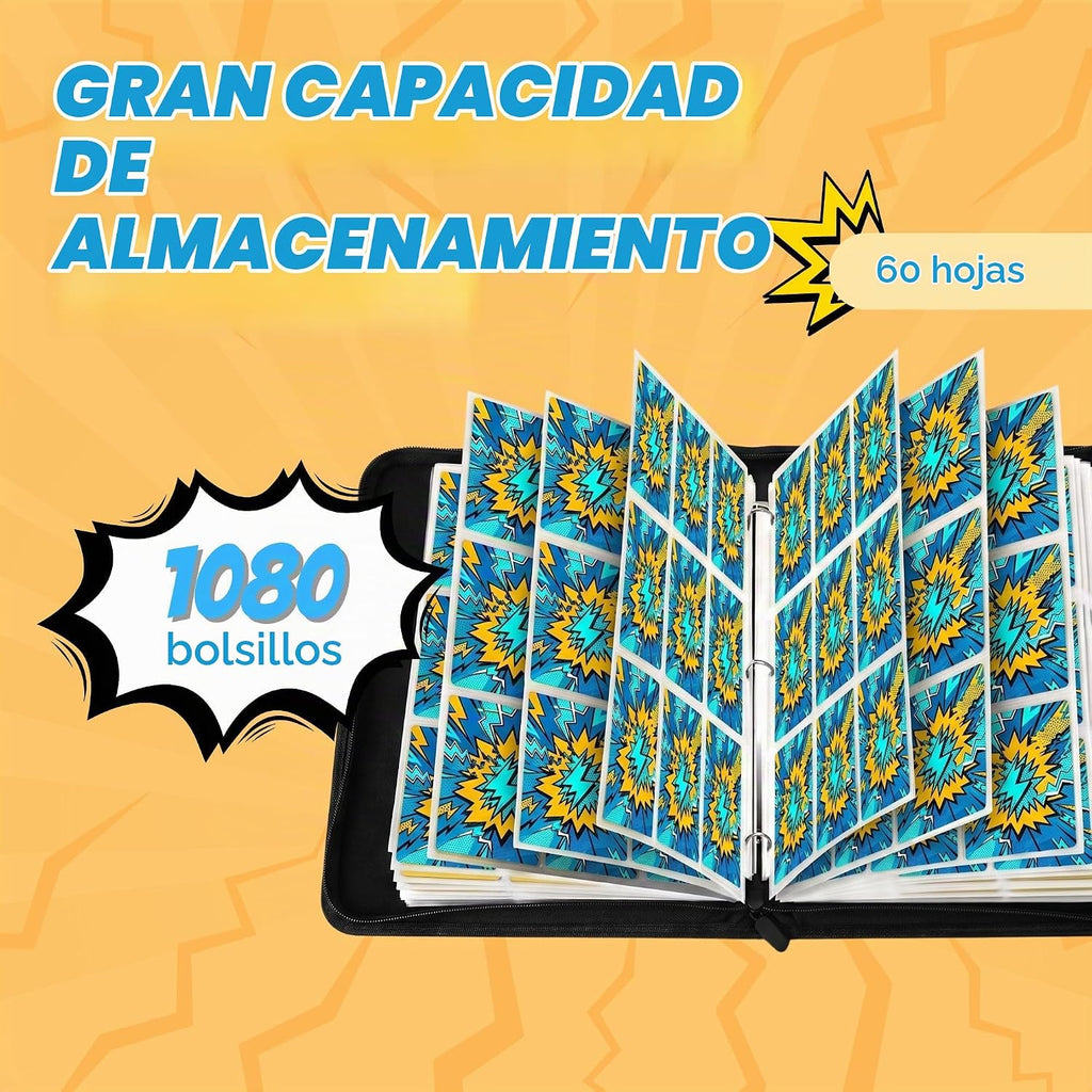 KS SHOP® Carpeta de tarjetas de 1080 bolsillos, álbum de tarjetas coleccionables de 9 bolsillos premium con 60 hojas de doble cara, libro de colección de 3 anillos con cremallera, tarjetero impermeable con correa para la muñeca