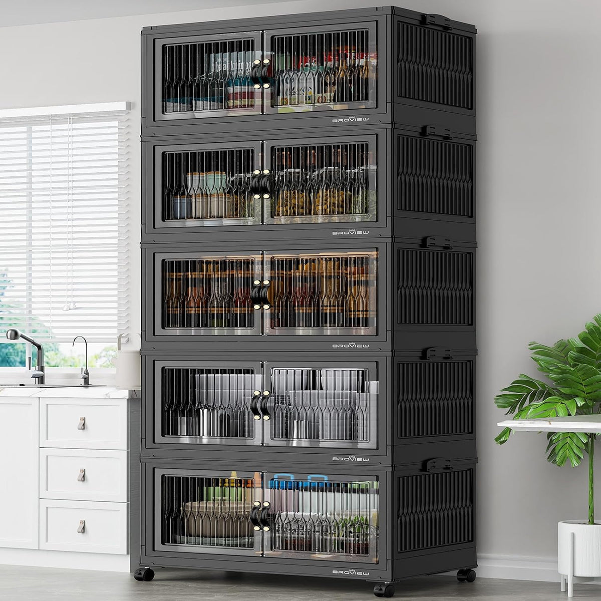 BROVIEW 600Qt Contenedores de Almacenamiento Apilables con 5 Tapas, Organizador Extra Grande para Armario Cajones Plegables con Ruedas, Contenedores de Plástico Plegables para Cocina y Hogar, Paquete de 5 Negro